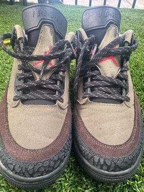 Jordan Olive Green and Brown Retro Low-Top Sneakers with Red Jumpman